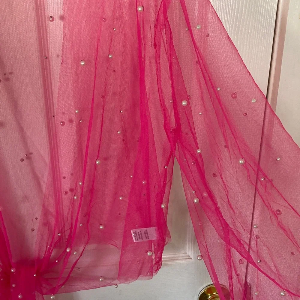 Pink Lily Hot Pink Sheer Cover-Up with Faux Pearls - Picture 4 of 7